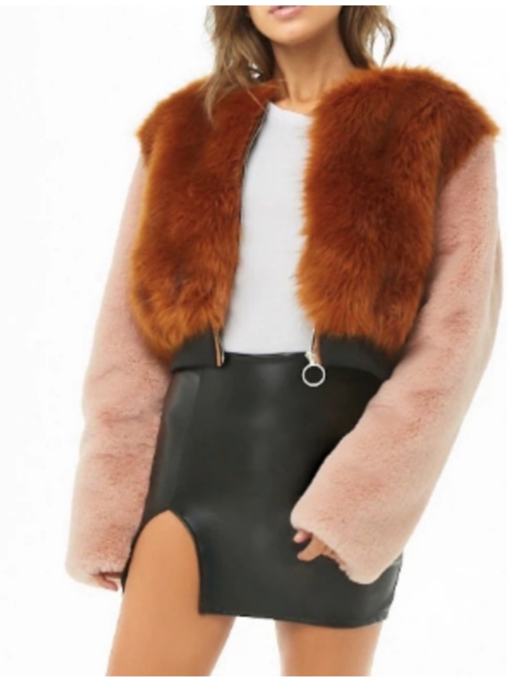 SHACI Faux Fur Color Block Cropped Jacket, Size S, New without Tag